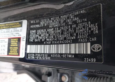 2014 Toyota Camry L/Se/Le/Xle z USA, uszkodzony, nr VIN 4T4BF1FK4ER423042